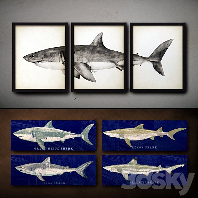 Wooden panels. 37. Collection of marine theme. Sharks