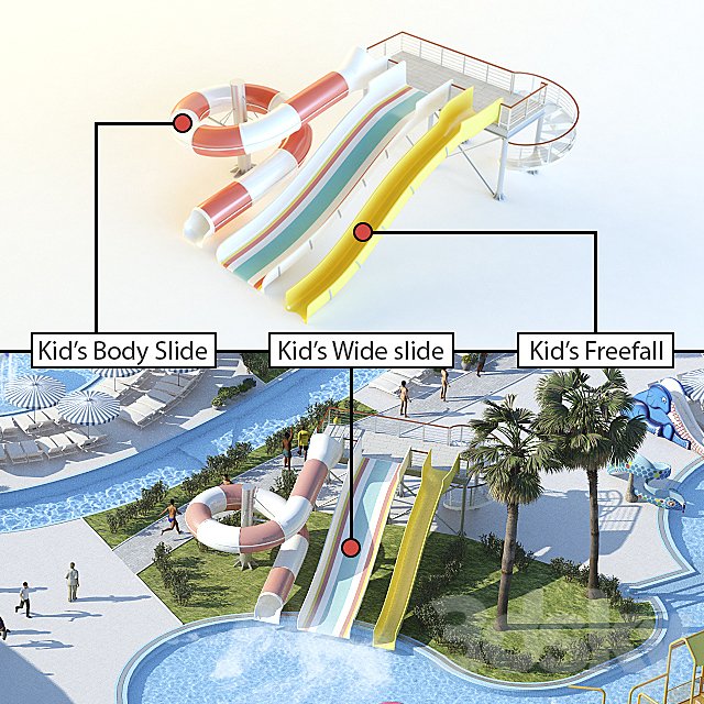 Waterslides: Kid's Body Slide, Kid's Wide slide, Kid's Freefall