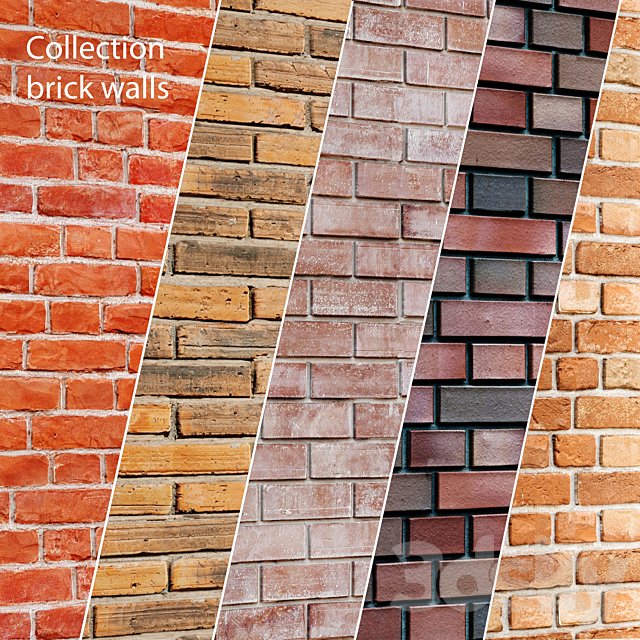 Collection of brick walls 5 pcs. Masonry, brick, loft, aged, set, collection, decorative, panel, wall