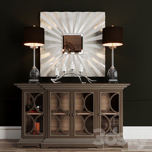Chest of drawers, mirror and lamp