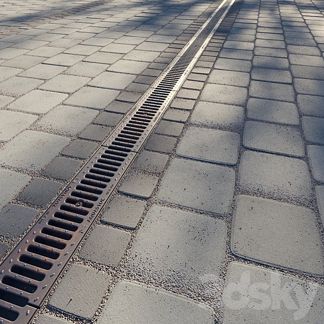 Paving slabs and storm grate
