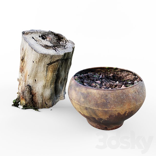 Cast iron pot and a stump